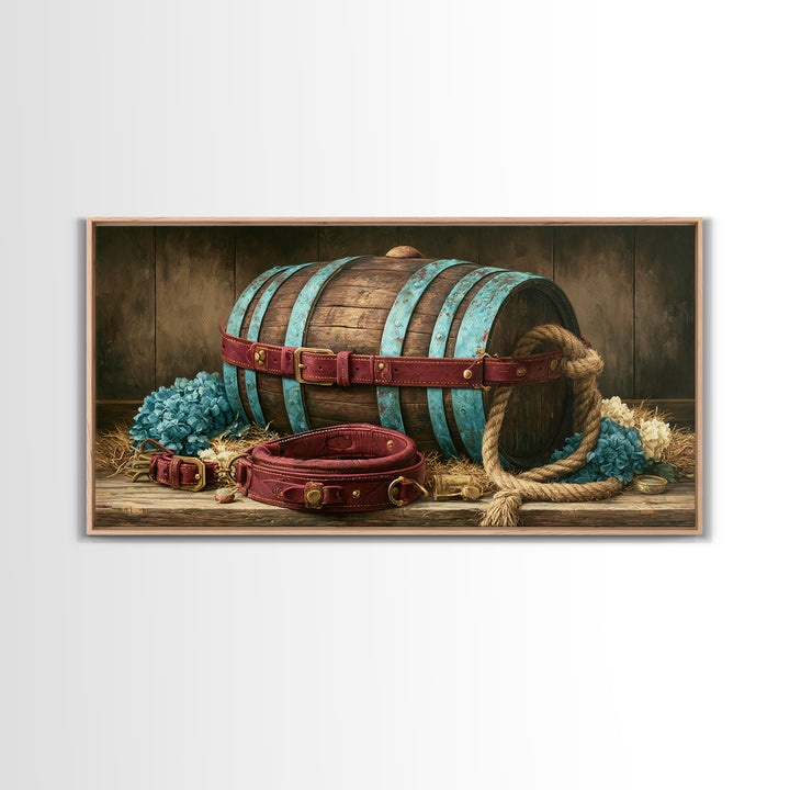 Whiskey Barrel and Leather Still Life Framed Canvas Print, Rustic Art, Landscape Painting, Farmhouse Decor, Fine Art, Rustic, RUS-2x1-87