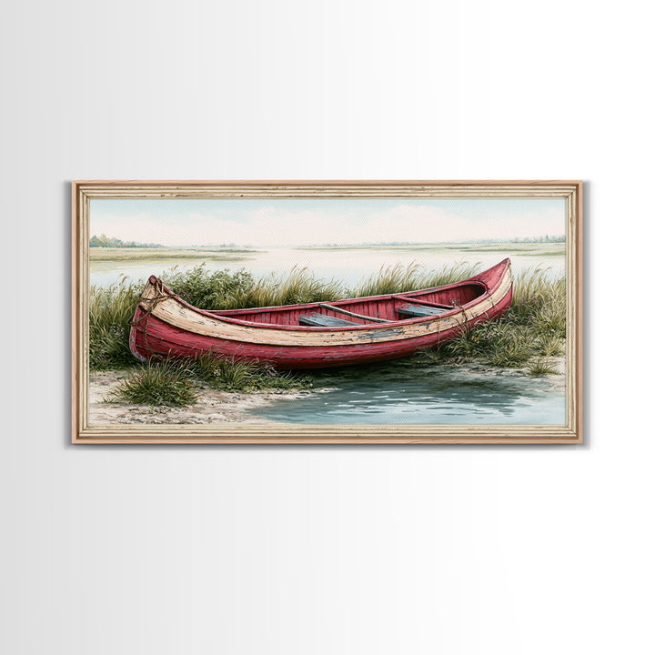 Old Canoe Pulled Onto a Lake Shore Framed Canvas Print, Rustic Art, Farmhouse Decor, Fine Art, Rustic, Gallery Wall Art, RUS-2x1-88