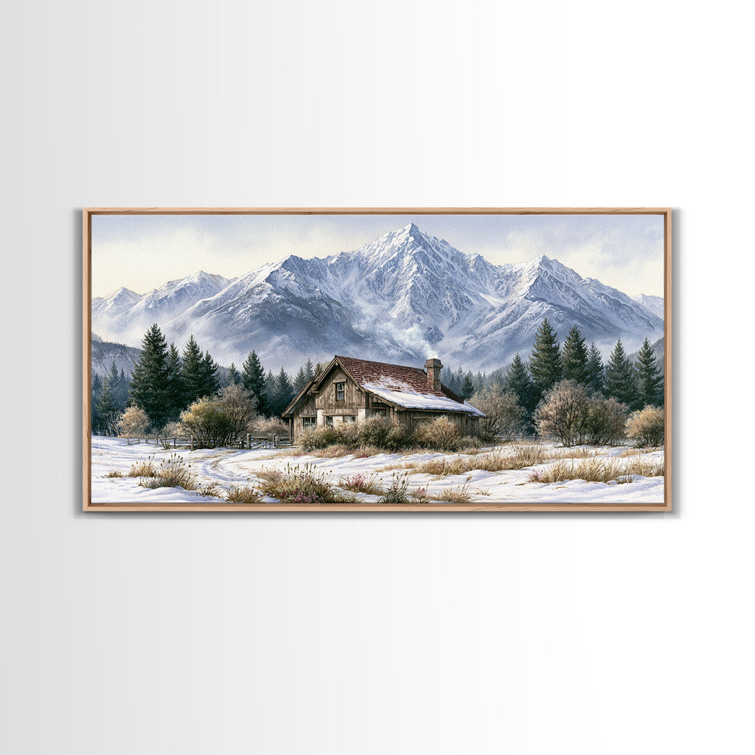 Winter Mountain Scene Framed Canvas Print, Rustic Art, Printable Wall Art, Farmhouse Decor, Watercolor Art, Rustic, Wood Art, RUS-2x1-91
