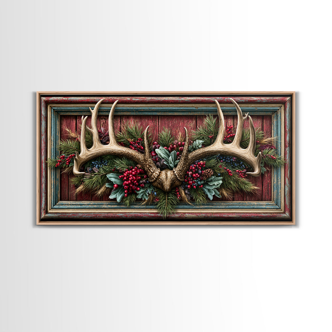 Deer Antlers with Pine Branches and Berries Canvas Print, Rustic Art, Painting, Farmhouse Decor, Oil Painting, Rustic, RUS-2x1-94