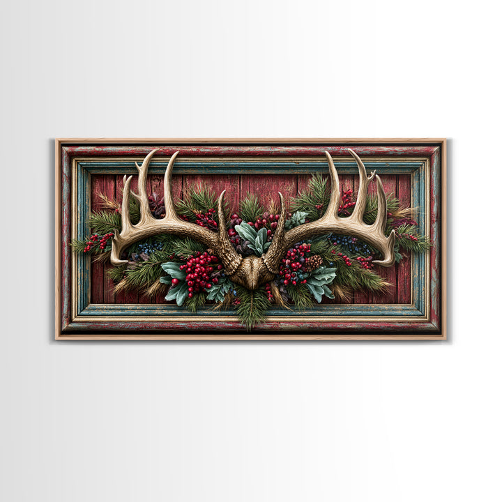 Deer Antlers with Pine Branches and Berries Canvas Print, Rustic Art, Painting, Farmhouse Decor, Oil Painting, Rustic, RUS-2x1-94