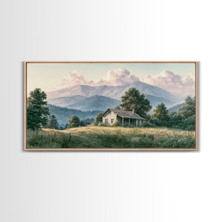Mountain Cabin Landscape Framed Canvas Print, Rustic Art, Living Room Art, Farmhouse Decor, Oil Painting, Rustic, RUS-2x1-95
