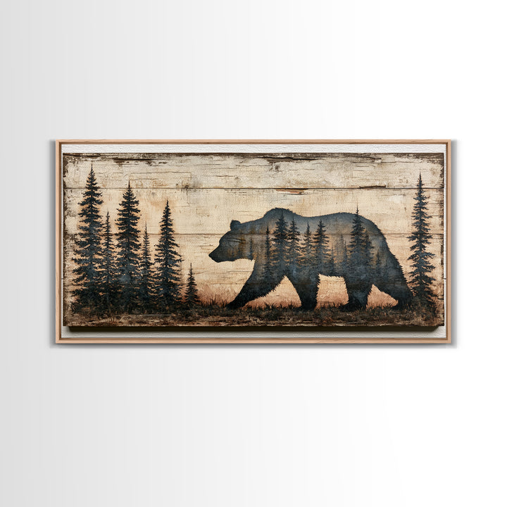 Bear Silhouette Among Pine Trees Framed Canvas Print, Rustic Art, Abstract Wall Art, Farmhouse Decor, Fine Art, Rustic, RUS-2x1-99