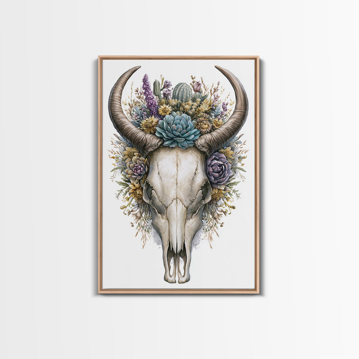 Cow Skull with Desert Flowers Framed Canvas Print, Rustic Art, Wall Art, Farmhouse Decor, Oil Painting, Rustic, RUS-2x3-1