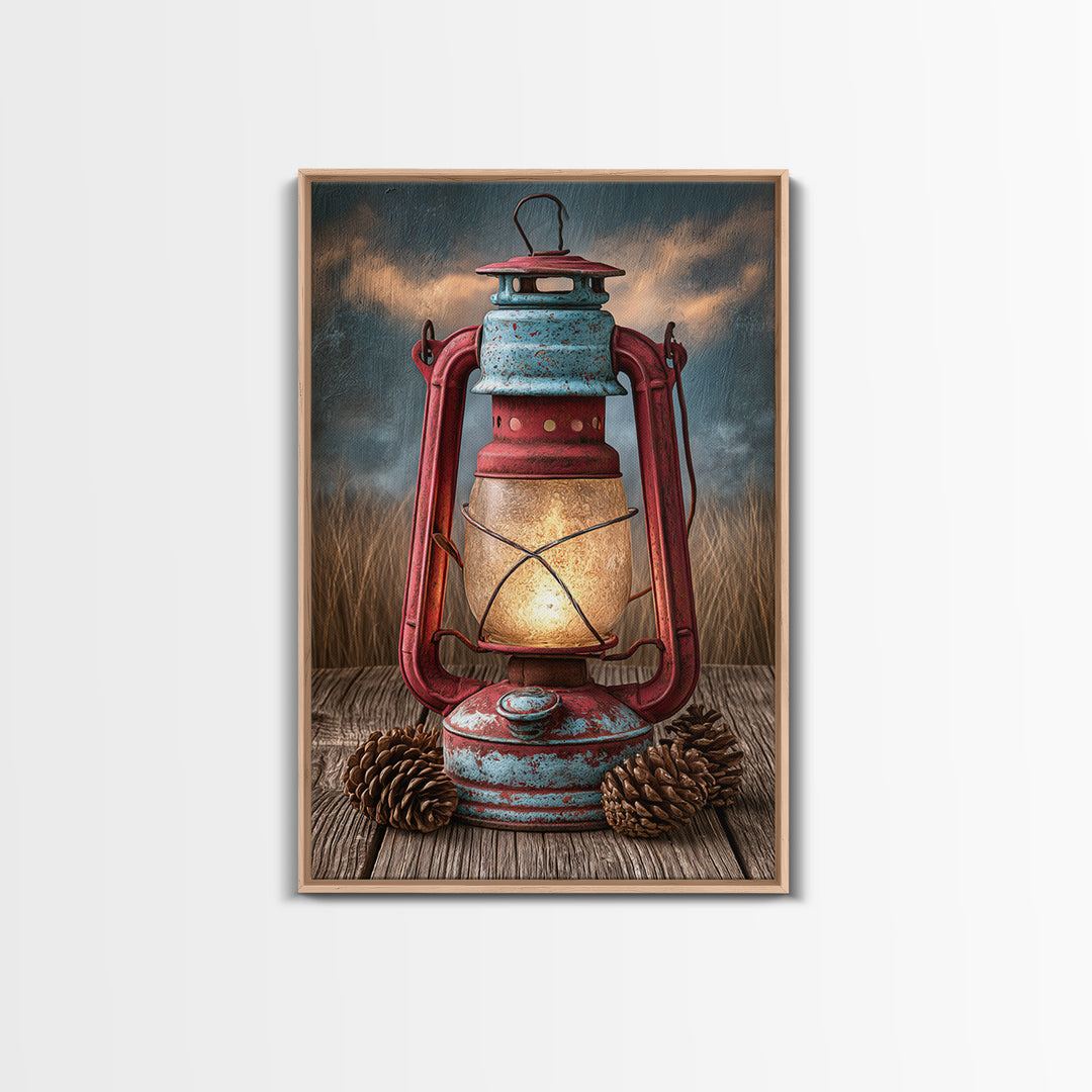 Rustic Lantern Glowing Beside Pinecones Framed Canvas Print, Rustic Art, Minimalist Decor, Farmhouse Decor, Oil Painting, RUS-2x3-12