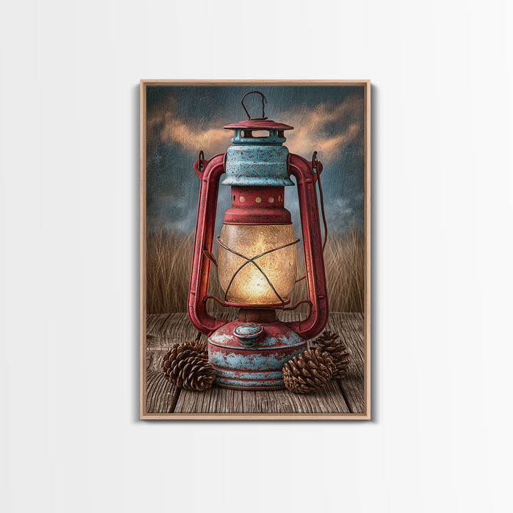 Rustic Lantern Glowing Beside Pinecones Framed Canvas Print, Rustic Art, Minimalist Decor, Farmhouse Decor, Oil Painting, RUS-2x3-12