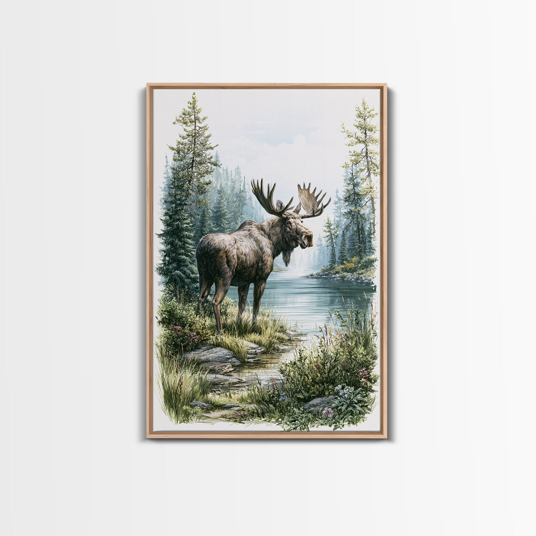 Moose Standing by a Quiet Lake Framed Canvas Print, Rustic Art, Digital Prints, Farmhouse Decor, Fine Art, Rustic, 3d Wall Art, RUS-2x3-17