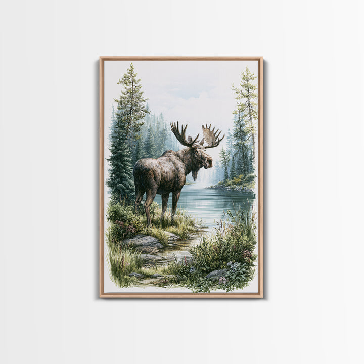 Moose Standing by a Quiet Lake Framed Canvas Print, Rustic Art, Digital Prints, Farmhouse Decor, Fine Art, Rustic, 3d Wall Art, RUS-2x3-17
