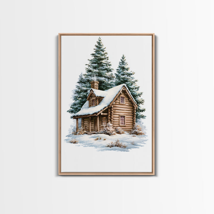 Log Cabin with Snowy Pines Canvas Print, Rustic Art, Luxury Decor, Farmhouse Decor, Fine Art, Rustic, Printable Wall Art, RUS-2x3-23