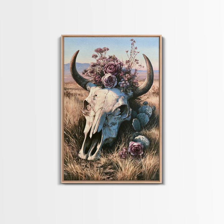 Cow Skull with Desert Flowers Framed Canvas Print, Rustic Art, Wall Art, Farmhouse Decor, Oil Painting, Rustic, RUS-2x3-25