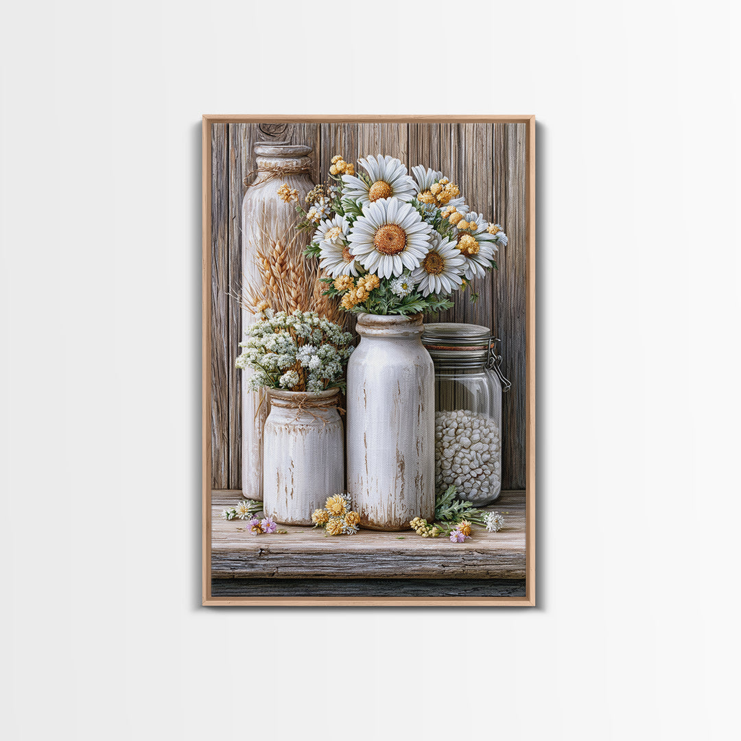 Weathered Barn Wood and Wildflower Still Life Framed Canvas Print, Rustic Art, Oil Painting, Farmhouse Decor, Fine Art, Rustic, RUS-2x3-33