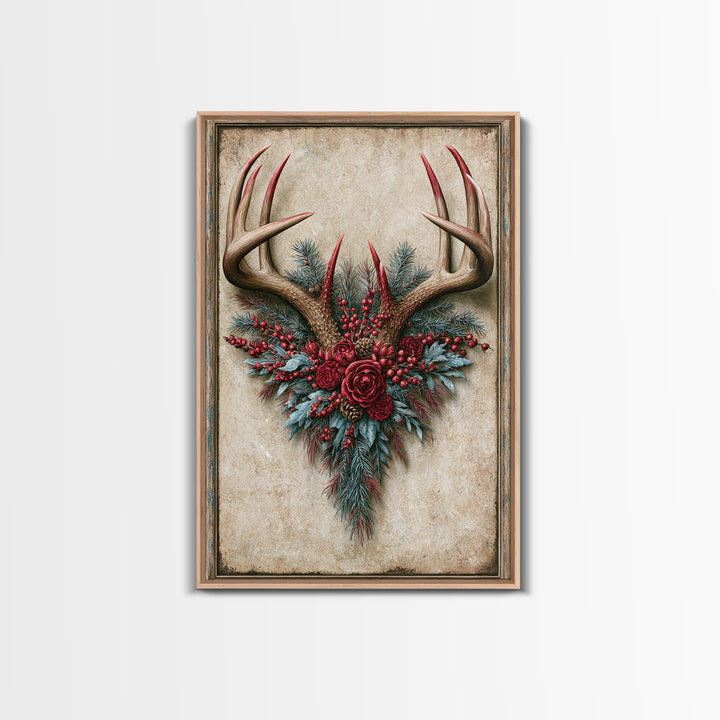 Deer Antlers with Pine Branches and Berries Framed Canvas Print, Rustic Art, Farmhouse Decor, Watercolor Art, Rustic, RUS-2x3-34