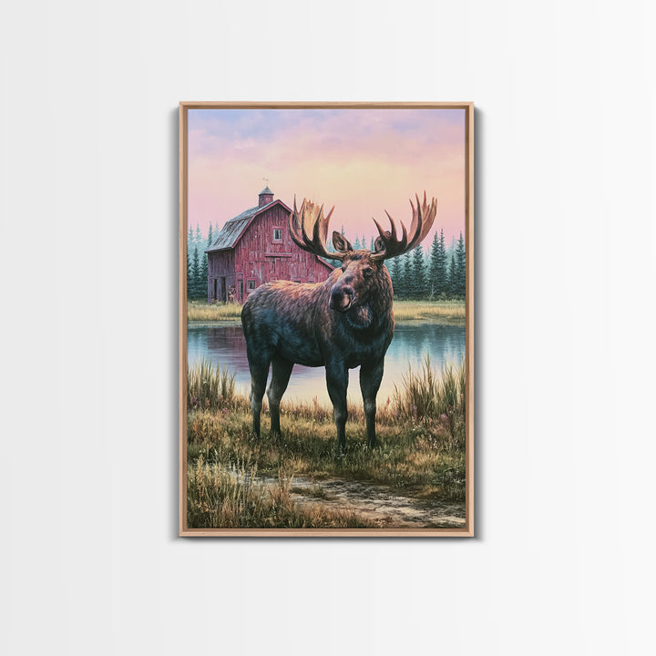 Moose Standing by a Quiet Lake Framed Canvas Print, Rustic Art, Digital Prints, Farmhouse Decor, Fine Art, Rustic, 3d Wall Art, RUS-2x3-41