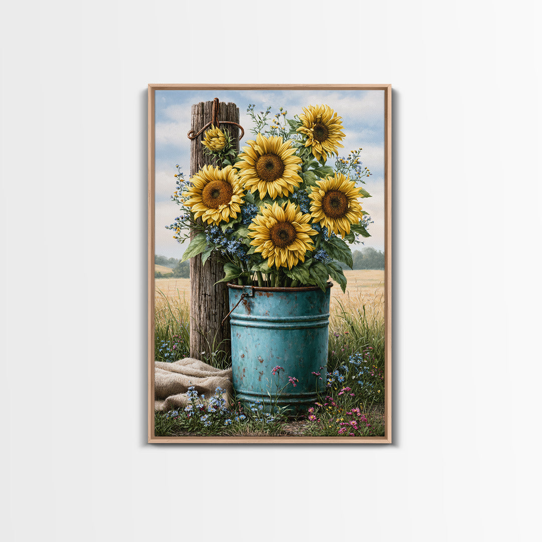 Sunflowers in a Metal Bucket Framed Canvas Print, Rustic Art, Living Room Art, Farmhouse Decor, Watercolor Art, Rustic, RUS-2x3-44