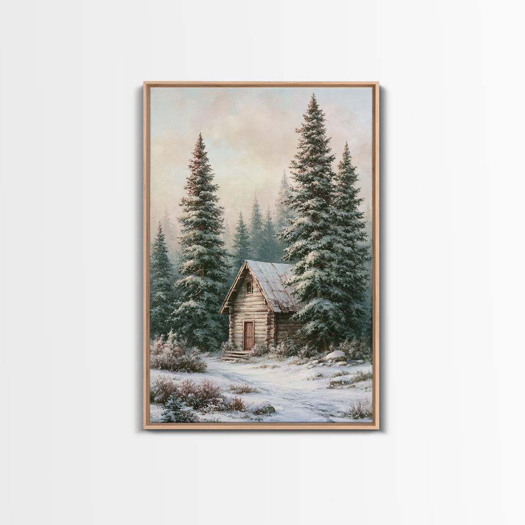 Log Cabin with Snowy Pines Framed Canvas Print, Rustic Art, Wall Art, Farmhouse Decor, Abstract Art, Rustic, Living Room Decor, RUS-2x3-47