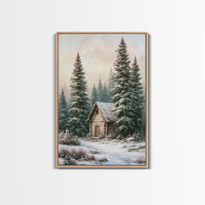 Log Cabin with Snowy Pines Framed Canvas Print, Rustic Art, Wall Art, Farmhouse Decor, Abstract Art, Rustic, Living Room Decor, RUS-2x3-47