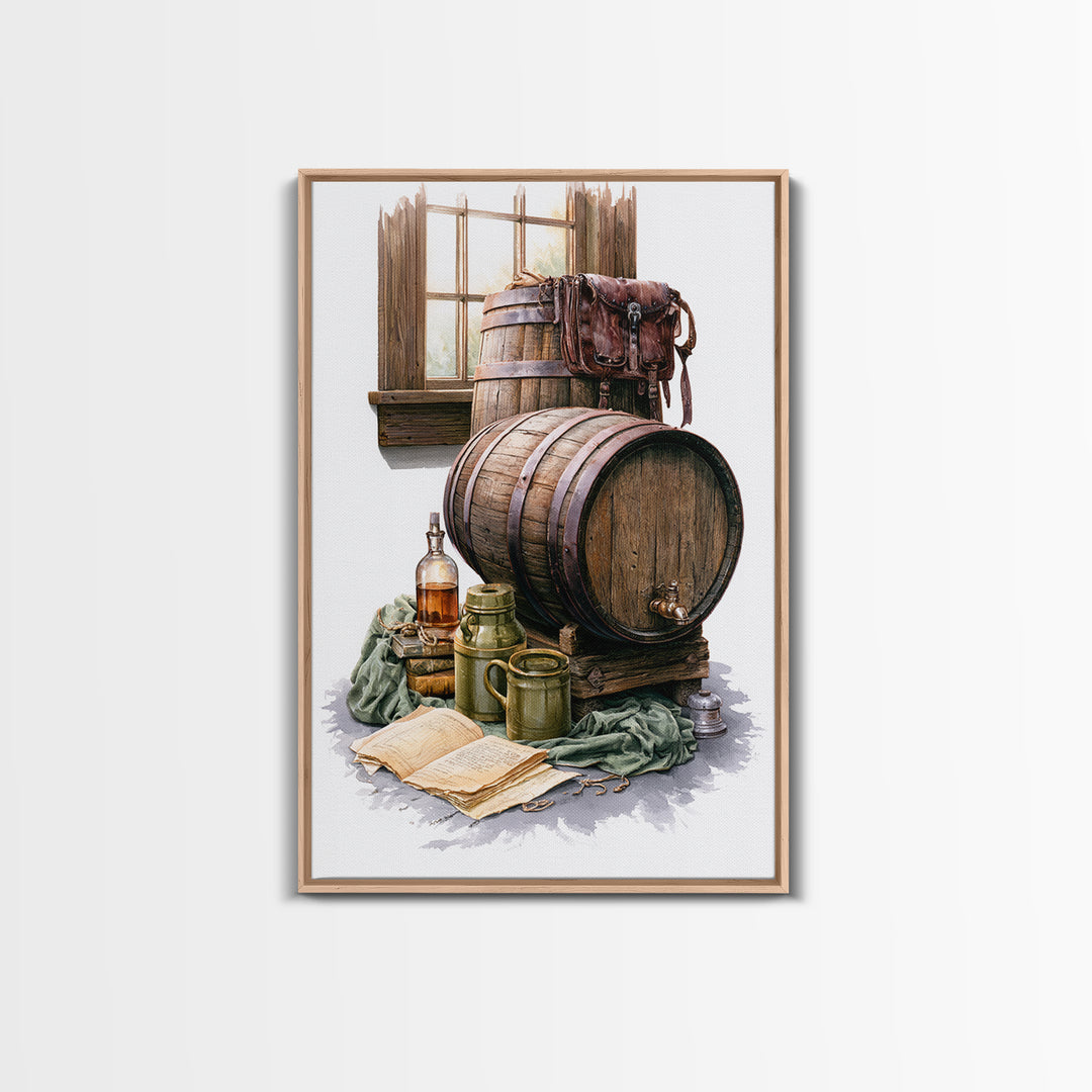 Whiskey Barrel and Leather Still Life Framed Canvas Print, Rustic Art, Room Decor, Farmhouse Decor, Oil Painting, Rustic, RUS-2x3-51