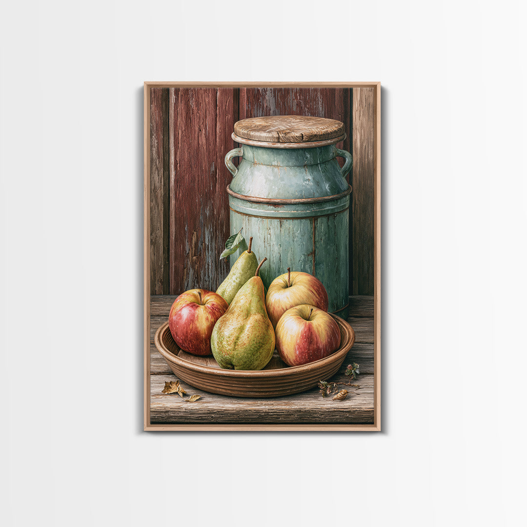 Rustic Pear and Apple Still Life Framed Canvas Print, Rustic Art, Printable Wall Art, Farmhouse Decor, Oil Painting, Rustic, RUS-2x3-53