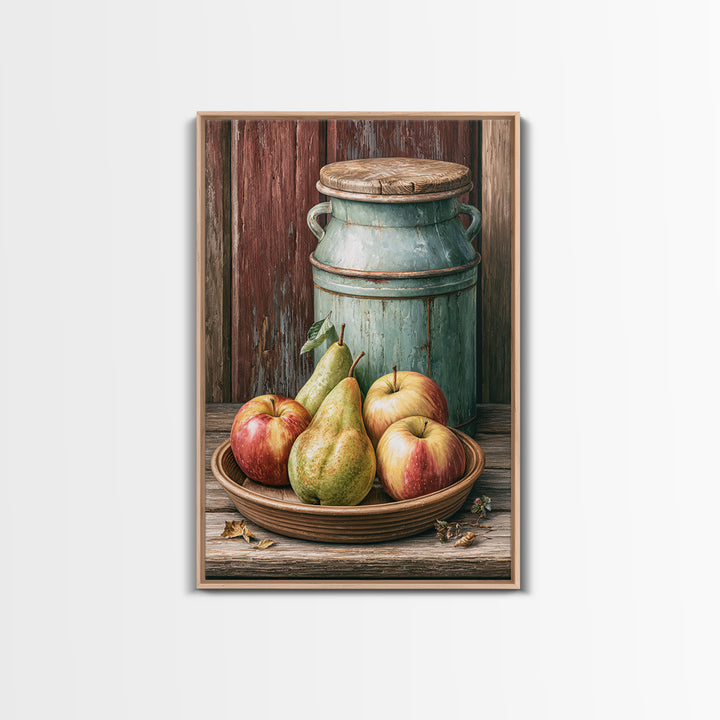 Rustic Pear and Apple Still Life Framed Canvas Print, Rustic Art, Printable Wall Art, Farmhouse Decor, Oil Painting, Rustic, RUS-2x3-53