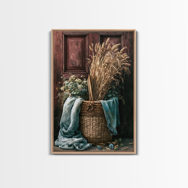 Handwoven Basket with Dried Grasses Framed Canvas Print, Rustic Art, Wall Decor, Farmhouse Decor, Abstract Art, Rustic, RUS-2x3-56