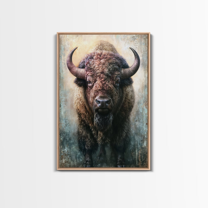 Buffalo Portrait with Western Texture Framed Canvas Print, Rustic Art, Boho Decor, Farmhouse Decor, Fine Art, Rustic, RUS-2x3-6