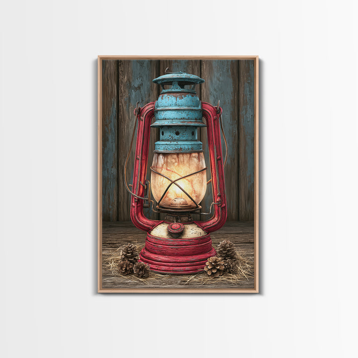 Rustic Lantern Glowing Beside Pinecones Framed Canvas Print, Rustic Art, Wall Art, Farmhouse Decor, Fine Art, Rustic, RUS-2x3-60