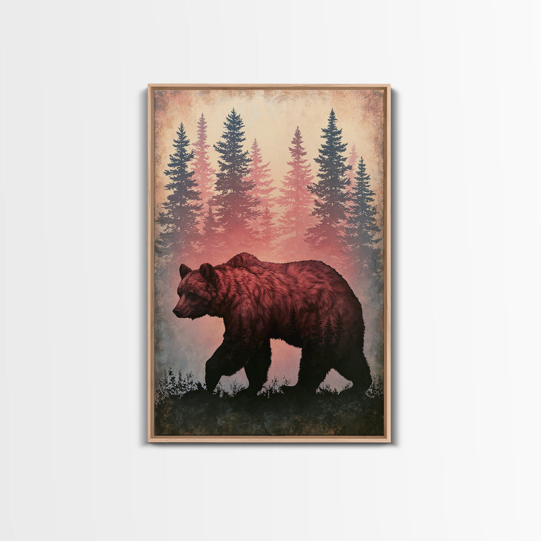 Bear Silhouette Among Pine Trees Framed Canvas Print, Rustic Art, Digital Prints, Farmhouse Decor, Watercolor Art, Rustic, RUS-2x3-63