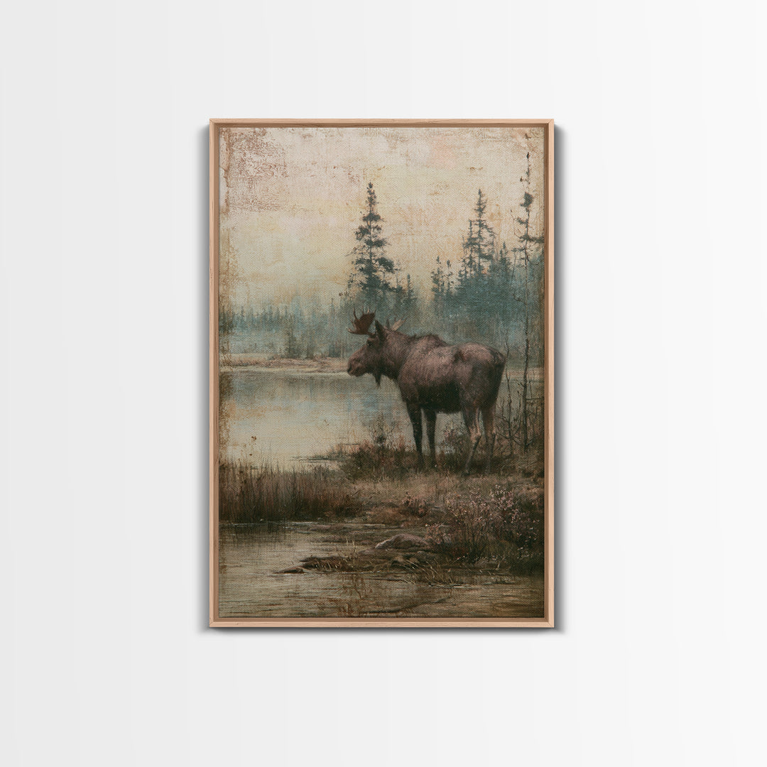 Moose Standing by a Quiet Lake Canvas Print, Rustic Art, Wood Wall Art, Farmhouse Decor, Oil Painting, Rustic, RUS-2x3-65