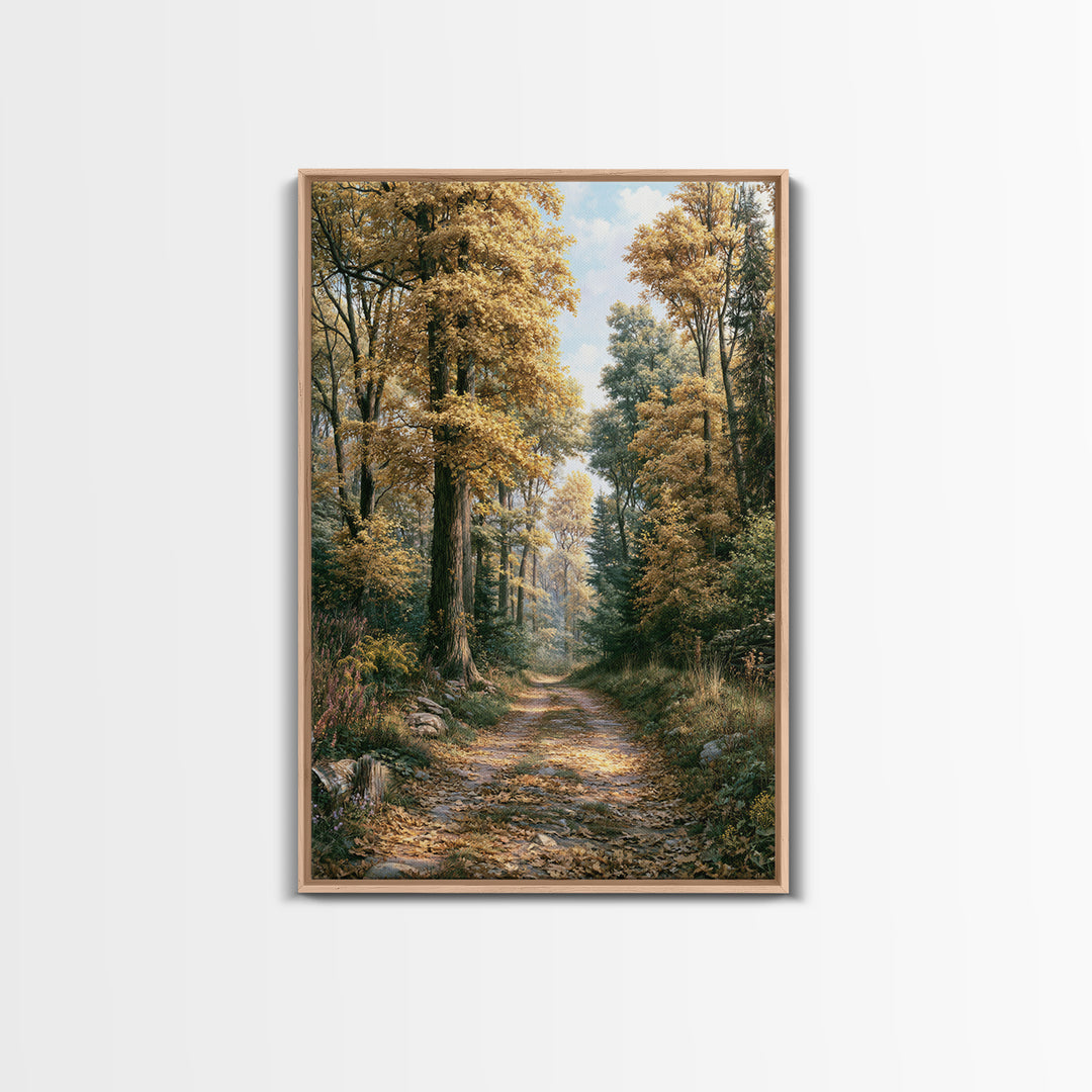 Forest Path with Golden Autumn Leaves Framed Canvas Print, Rustic Art, Painting, Farmhouse Decor, Rustic, Boho Wall Art, RUS-2x3-74
