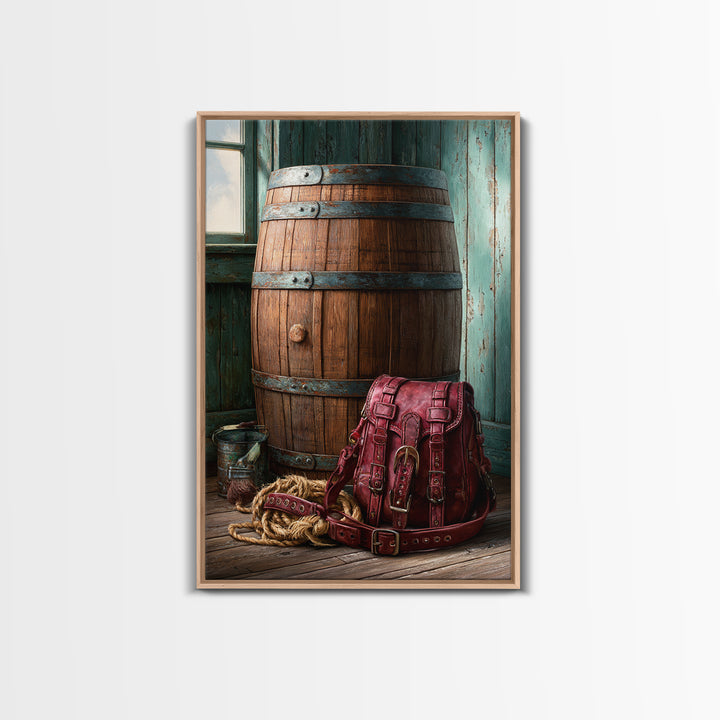Whiskey Barrel and Leather Still Life Framed Canvas Print, Rustic Art, Printable Wall Art, Farmhouse Decor, Fine Art, Rustic, RUS-2x3-75