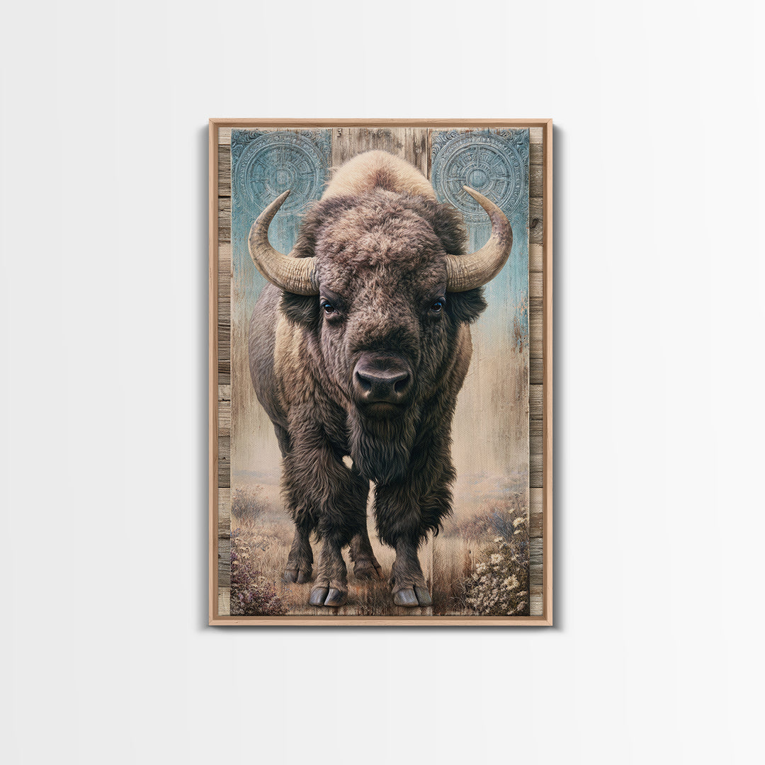 Buffalo Portrait with Western Texture Framed Canvas Print, Rustic Art, Digital Prints, Farmhouse Decor, Oil Painting, Rustic, RUS-2x3-78