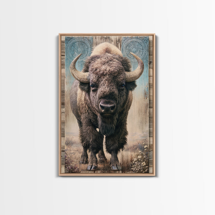 Buffalo Portrait with Western Texture Framed Canvas Print, Rustic Art, Digital Prints, Farmhouse Decor, Oil Painting, Rustic, RUS-2x3-78