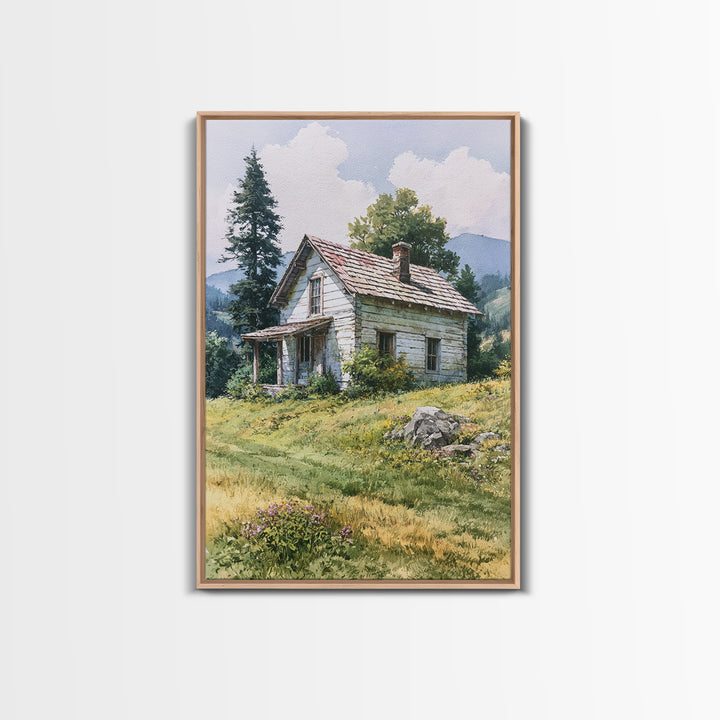 Mountain Cabin Landscape Framed Canvas Print, Rustic Art, Abstract Wall Art, Farmhouse Decor, Fine Art, Rustic, Landscape Art, RUS-2x3-83