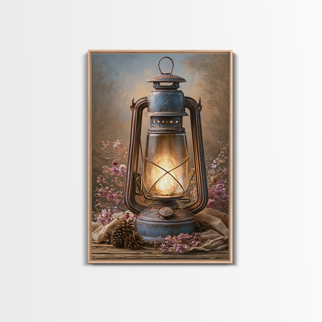 Rustic Lantern Glowing Beside Pinecones Framed Canvas Print, Rustic Art, Farmhouse Wall Art, Farmhouse Decor, Fine Art, Rustic, RUS-2x3-84