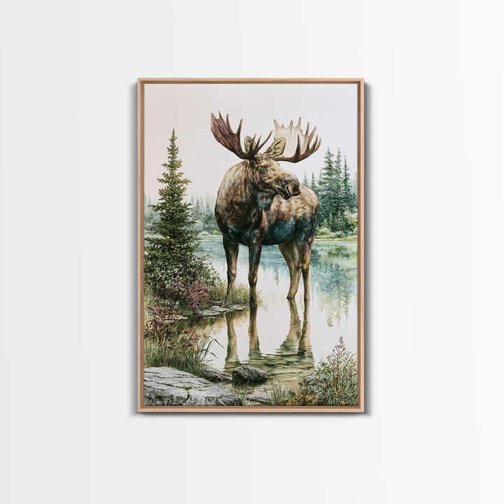 Moose Standing by a Quiet Lake Framed Canvas Print, Rustic Art, Boho Wall Art, Farmhouse Decor, Rustic, Downloadable Art, RUS-2x3-89