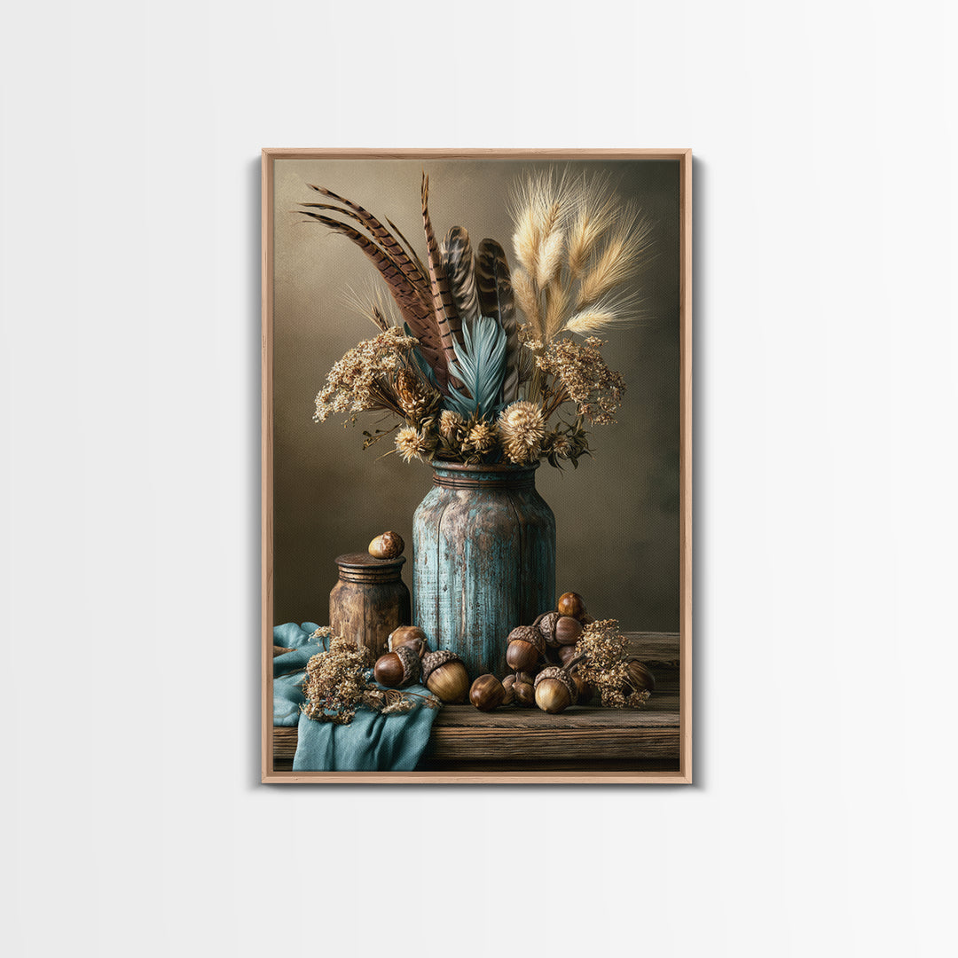 Pheasant Feathers and Acorns Arrangement Canvas Print, Rustic Art, Digital Print, Farmhouse Decor, Rustic, Landscape Painting, RUS-2x3-96