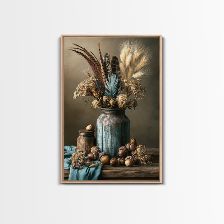 Pheasant Feathers and Acorns Arrangement Canvas Print, Rustic Art, Digital Print, Farmhouse Decor, Rustic, Landscape Painting, RUS-2x3-96