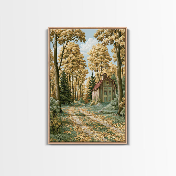 Forest Path with Golden Autumn Leaves Framed Canvas Print, Rustic Art, Painting, Farmhouse Decor, Rustic, Boho Wall Art, RUS-2x3-98