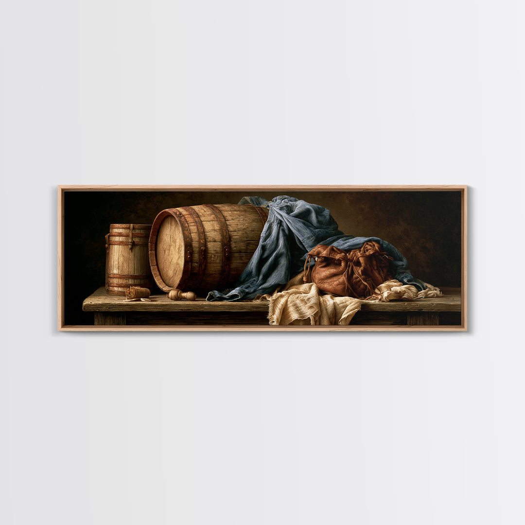 Whiskey Barrel and Leather Still Life Canvas Print, Rustic Art, Landscape Art, Farmhouse Decor, Watercolor Art, Rustic, RUS-3x1-11