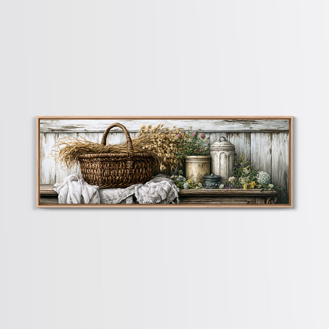 Handwoven Basket with Dried Grasses Canvas Print, Rustic Art, Wood Art, Farmhouse Decor, Fine Art, Rustic, Wall Decor, RUS-3x1-16