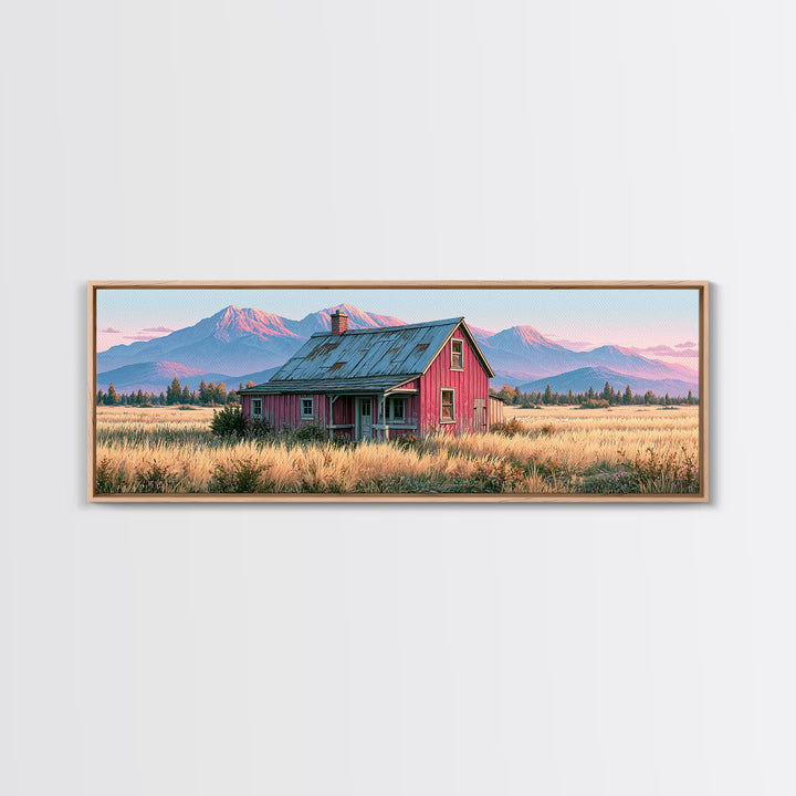 Mountain Cabin Landscape Canvas Print, Rustic Art, Fine Art Print, Farmhouse Decor, Fine Art, Rustic, Painting, Digital Prints, RUS-3x1-19