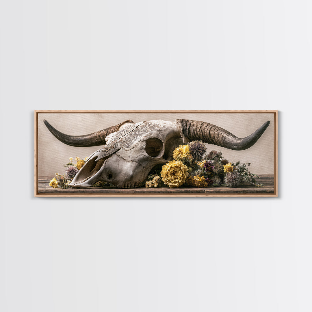 Cow Skull with Desert Flowers Canvas Print, Rustic Art, Boho Wall Art, Farmhouse Decor, Oil Painting, Rustic, Downloadable Art, RUS-3x1-33