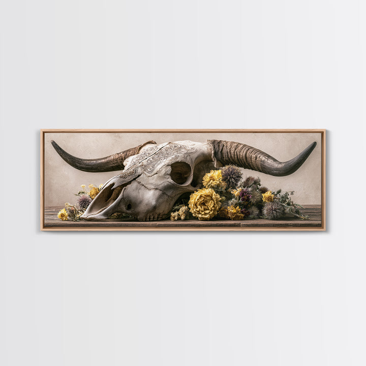 Cow Skull with Desert Flowers Canvas Print, Rustic Art, Boho Wall Art, Farmhouse Decor, Oil Painting, Rustic, Downloadable Art, RUS-3x1-33