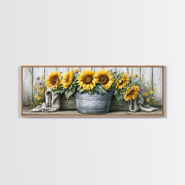 Sunflowers in a Metal Bucket Canvas Print, Rustic Art, Eclectic Wall Art, Farmhouse Decor, Watercolor Art, Rustic, RUS-3x1-4