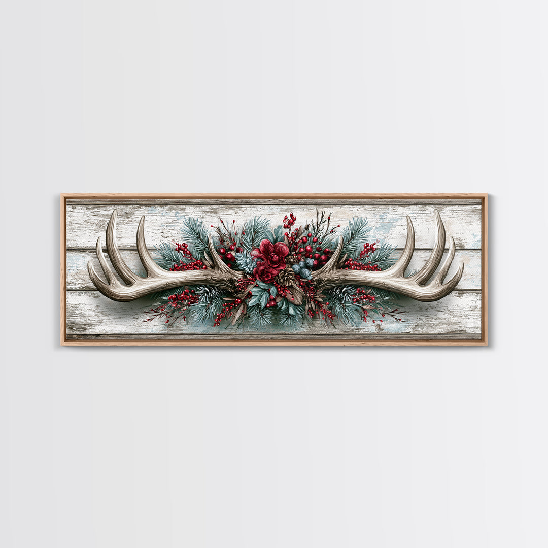 Deer Antlers with Pine Branches and Berries Canvas Print, Rustic Art, Abstract Wall Art, Farmhouse Decor, Watercolor Art, RUS-3x1-42