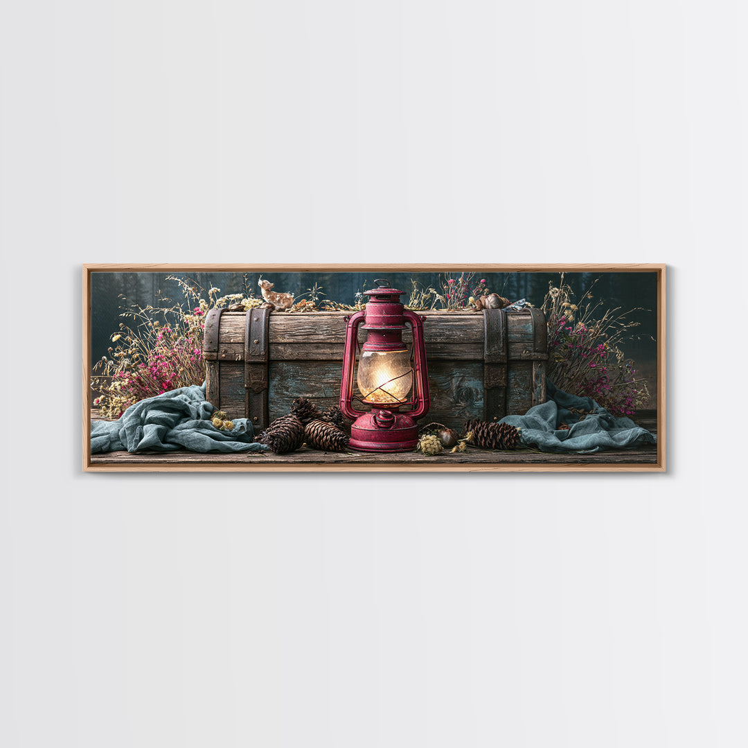 Rustic Lantern Glowing Beside Pinecones Framed Canvas Print, Rustic Art, Wall Decor, Farmhouse Decor, Fine Art, Rustic, RUS-3x1-44