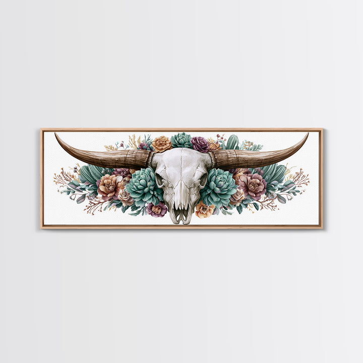 Cow Skull with Desert Flowers Framed Canvas Print, Rustic Art, Landscape Painting, Farmhouse Decor, Watercolor Art, Rustic, RUS-3x1-57