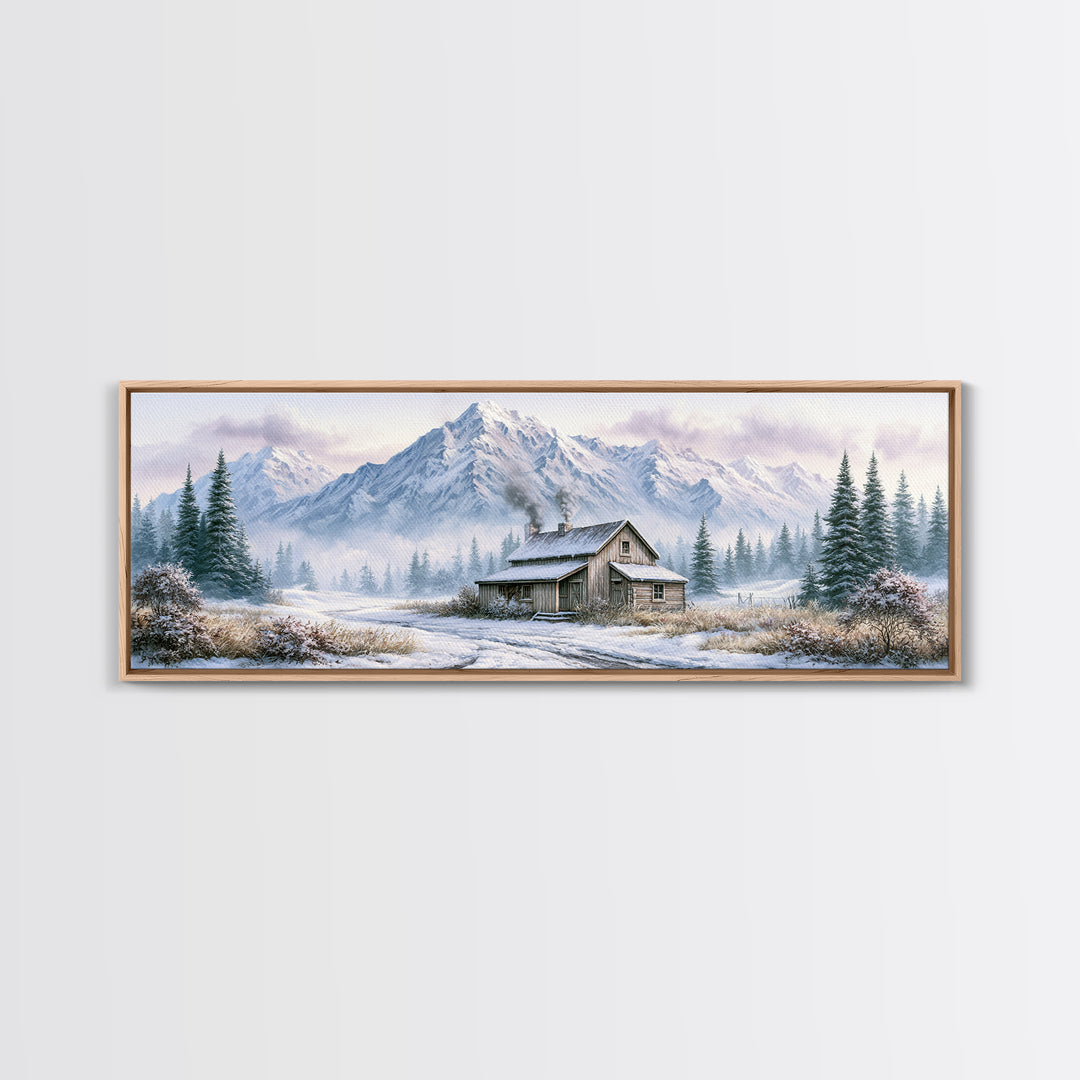 Winter Mountain Scene Framed Canvas Print, Rustic Art, Room Decor, Farmhouse Decor, Fine Art, Rustic, Oil Painting, RUS-3x1-63