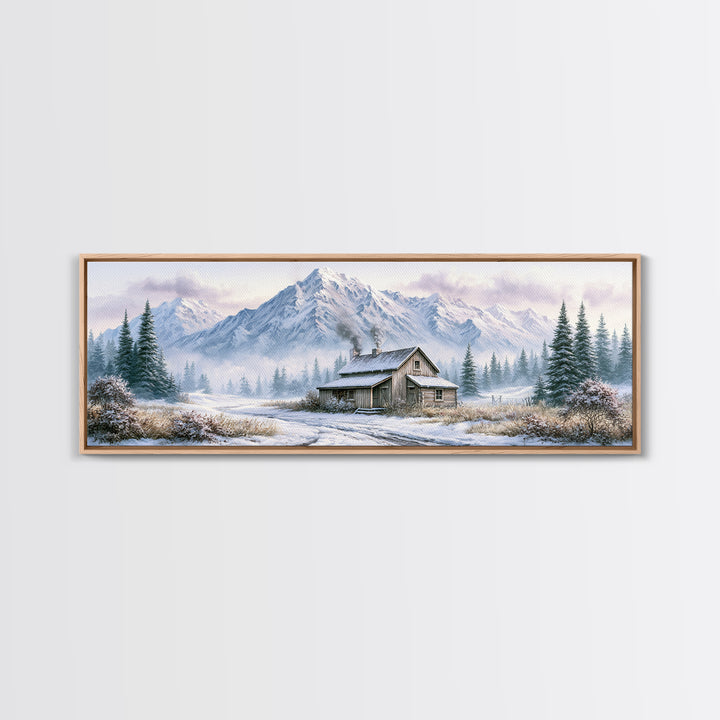 Winter Mountain Scene Framed Canvas Print, Rustic Art, Room Decor, Farmhouse Decor, Fine Art, Rustic, Oil Painting, RUS-3x1-63