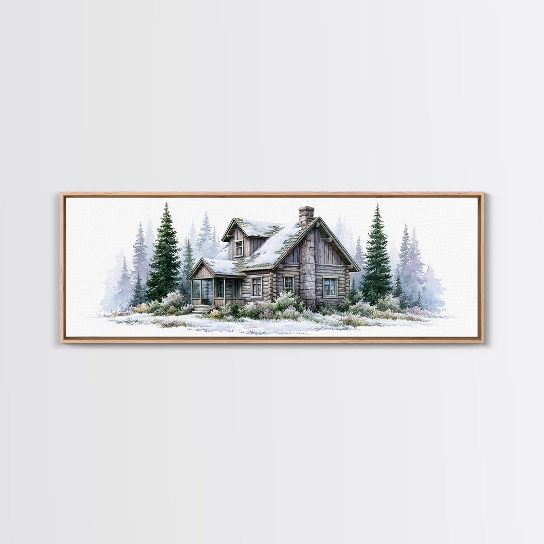 Log Cabin with Snowy Pines Framed Canvas Print, Rustic Art, Wall Decor, Farmhouse Decor, Fine Art, Rustic, Wall Art, Home Decor, RUS-3x1-7